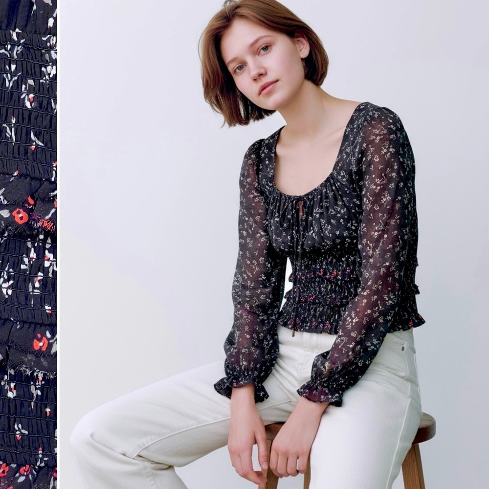Free People Lolita Top Tiered Smocked Ruffle Raw Hem Drawstring Tie Long Sleeve